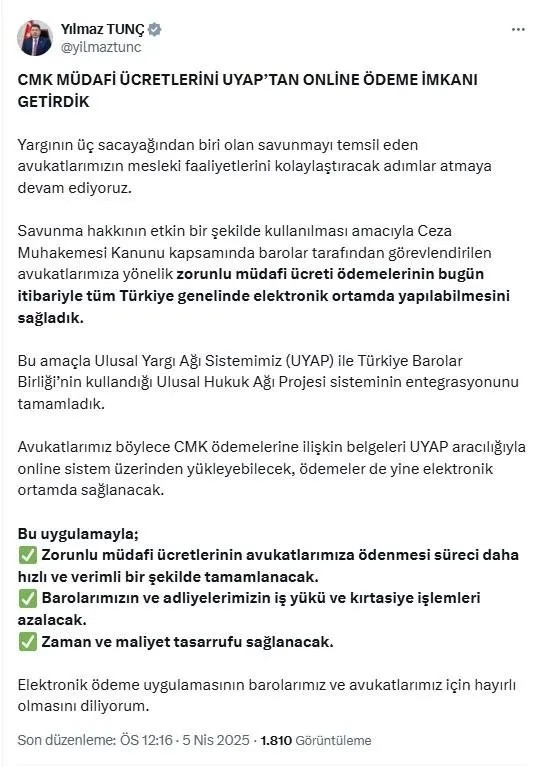 Bakan Tunç duyurdu! Avukat ödemelerine yeni düzenleme